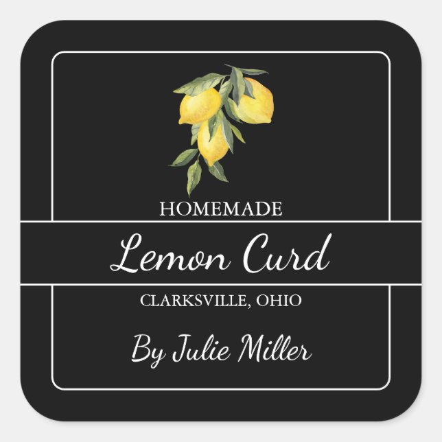 Homemade Lemon Curd Square Label Black Quadratischer Aufkleber (Vorderseite)