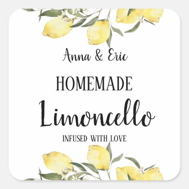 Homemade Limoncello Elegant Modern Wedding Quadratischer Aufkleber (Vorderseite)