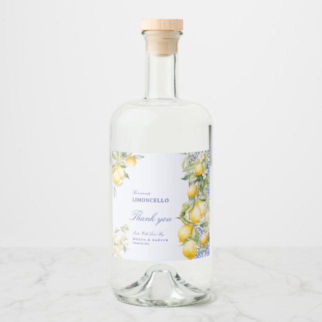 Homemade Limoncello Mediterranean Tile Thank you Alkoholflaschenetikett (Vorderseite)