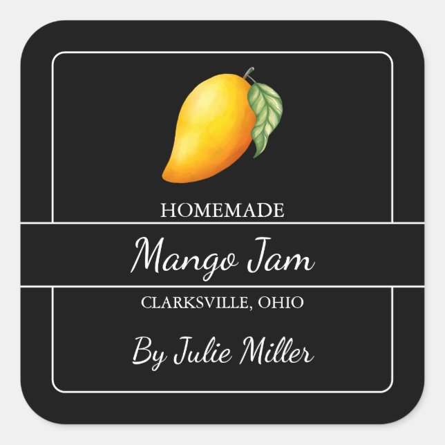 Homemade Mango Jam Square Black Quadratischer Aufkleber (Vorderseite)
