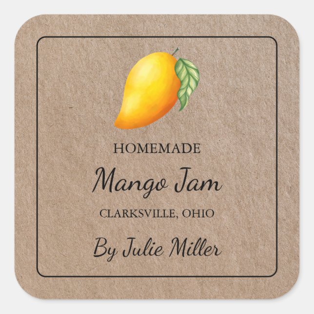 Homemade Mango Jam Square Kraft Papier Etikett Quadratischer Aufkleber (Vorderseite)