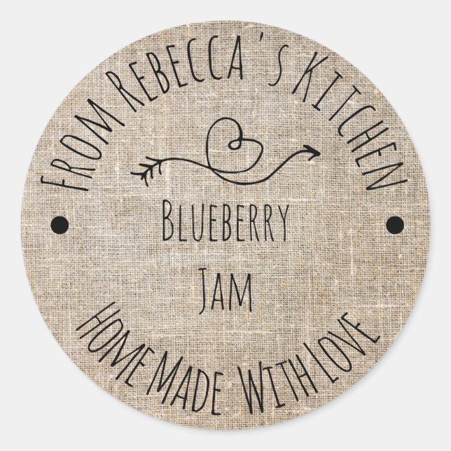Homemade mit dem Rustic Burlap Jam Canning Label d Runder Aufkleber (Vorderseite)