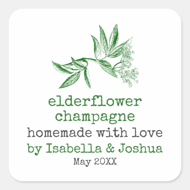 Homemade mit Liebe Elderflower Chanpagne Label Quadratischer Aufkleber (Vorderseite)
