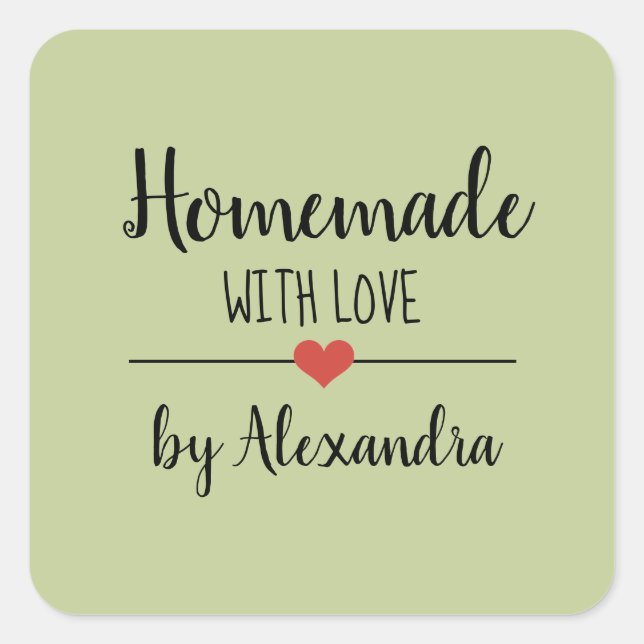 Homemade mit Liebe-Grün-Skriptnamen Quadratischer Aufkleber (Vorderseite)