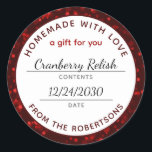 Homemade mit Liebe Red Christmas Food Label Runder Aufkleber<br><div class="desc">Hausgemacht mit Liebe Weihnachten Red Bokeh Produktname und Datum Classic Round Aufkleber Jar Lid oder Food Label... Ein weihnachtlich rotes Büchmuster grenzt an die Details der hausgemachten Lebensmittel auf diesen festlichen Rundaufklebern, um die hausgemachten Konfitüren, Kekse, Brot, Kuchen und vieles mehr zu schenken. Sie können den Text auf der praktischen...</div>