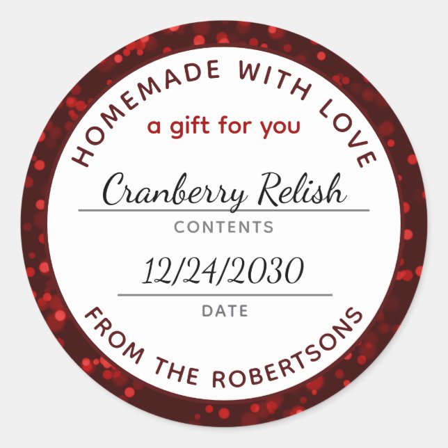 Homemade mit Liebe Red Christmas Food Label Runder Aufkleber (Vorderseite)