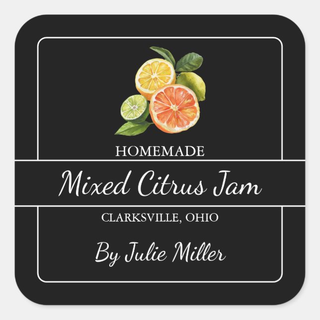 Homemade Mixed Citrus Jam Square Black Quadratischer Aufkleber (Vorderseite)