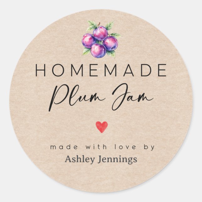 Homemade Plum Jam Labels | Made with Love Stickers (Vorderseite)