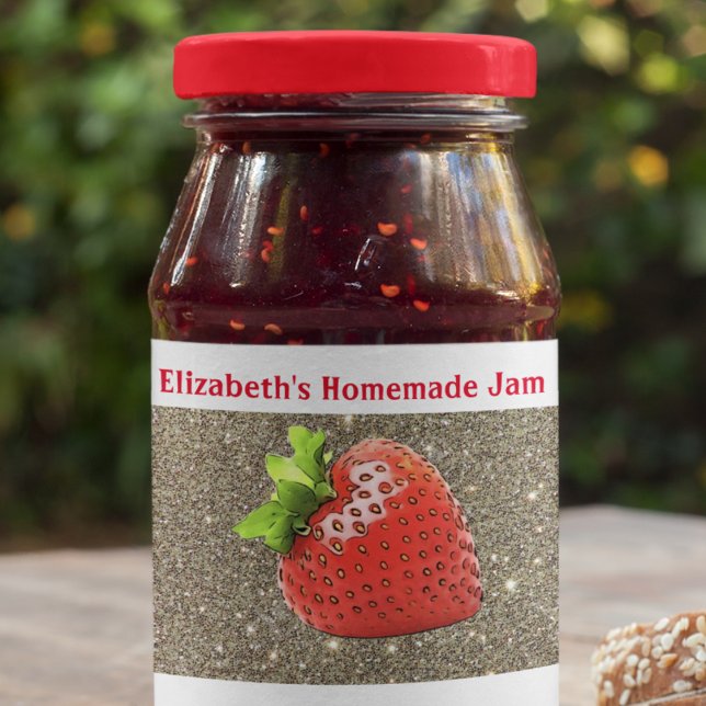 Homemade Strawberry Jam Custom Sparkle Silver Red Lebensmitteletikett (Von Creator hochgeladen)