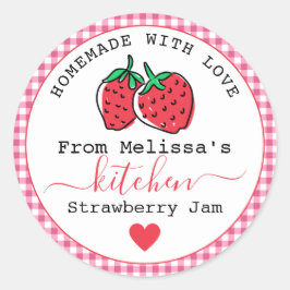 Homemade Strawberry Jam Rustic Pink Gingham Runder Aufkleber