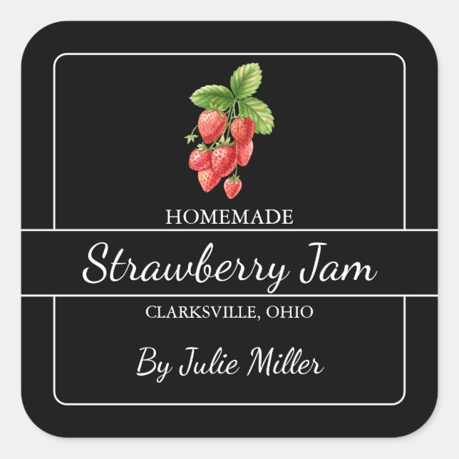 Homemade Strawberry Jam Square Label Black Quadratischer Aufkleber (Vorderseite)