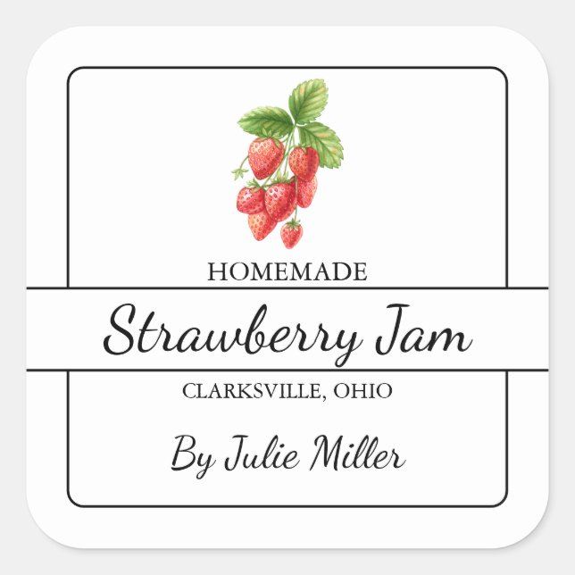 Homemade Strawberry Jam Square Label Quadratischer Aufkleber (Vorderseite)