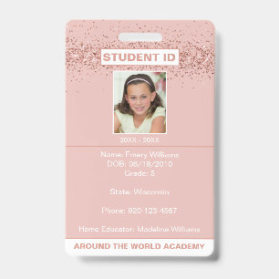 Homeschool-Schüler-ID Rose Gold Glitter-Abzeichen Ausweis