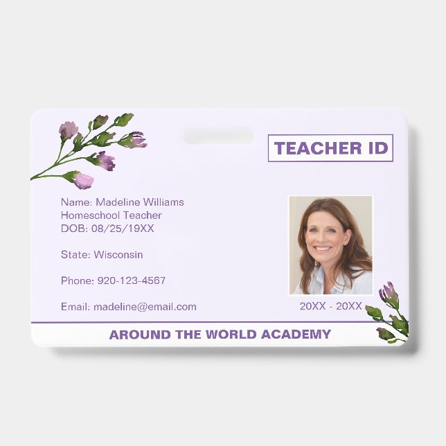 Homeschool Teacher Floral ID Abzeichen Ausweis (Vorderseite)