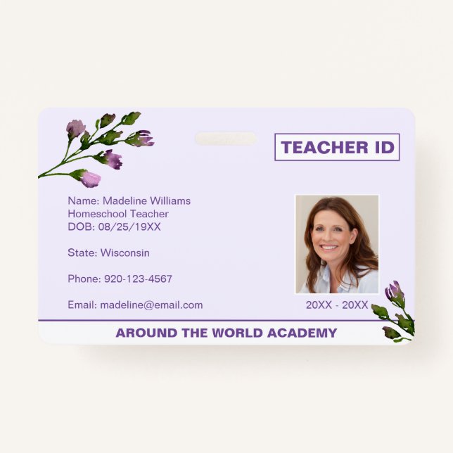 Homeschool Teacher Floral ID Abzeichen Ausweis (Vorderseite)