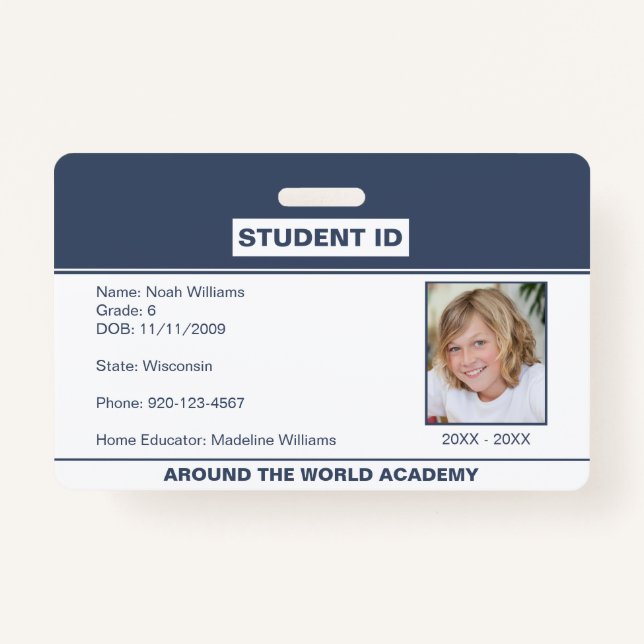Homeschoor Student ID Abzeichen Blue White Ausweis (Vorderseite)