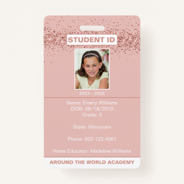 Homeschoor Student ID Rose Gold Glitzer Abzeichen Ausweis (Vorderseite)