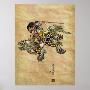 Hommage an Hokusai - Shoki Riding Shishi Lion Poster