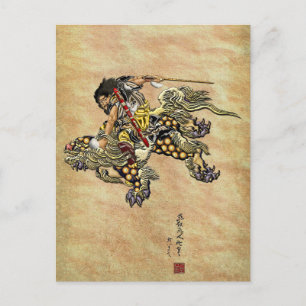 Hommage an Hokusai - Shoki Riding Shishi Lion Postkarte