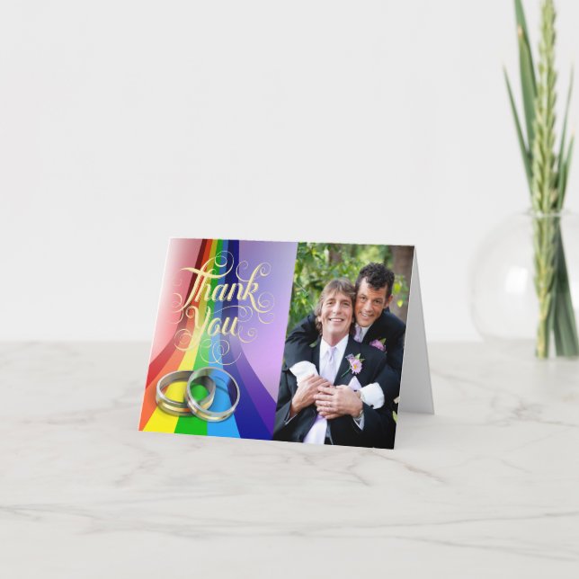 Homosexueller die Wedding Regenbogen und Ringe Dankeskarte (Vorderseite)