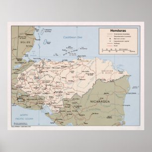 Honduras Map (1985) Lateinamerikanischer Atlas Poster
