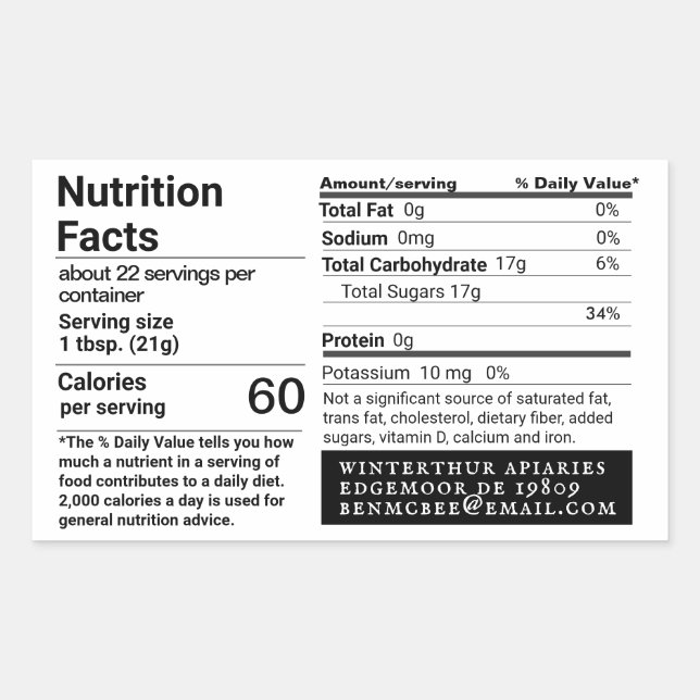 HONEY Apiary Name Nutrition Facts Label Rechteckiger Aufkleber (Vorderseite)