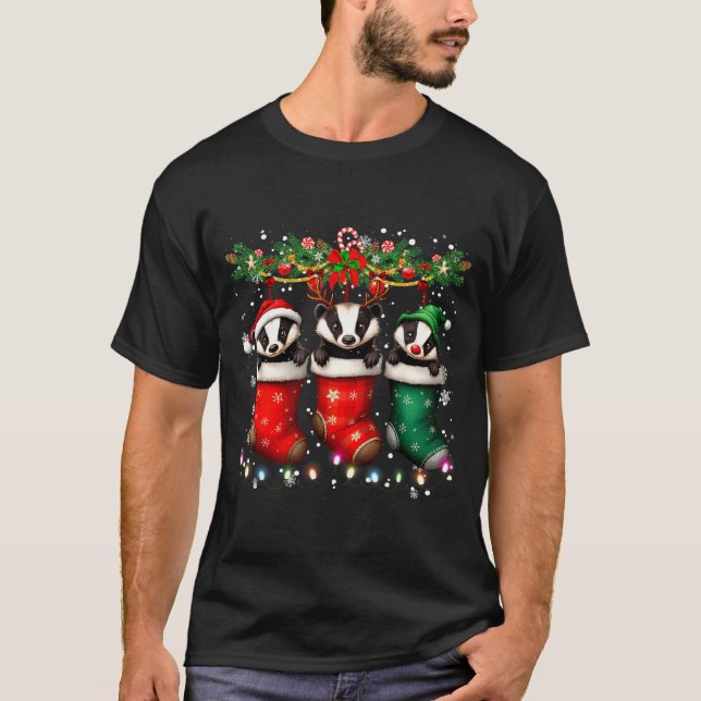 Honey Badger In Christmas Socks Lights Honey Badge T-Shirt (Vorderseite)