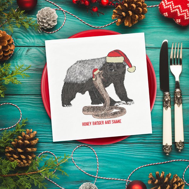 Honey Badger & Snake Funny Badass Weihnachten Serviette (Christmas honey badger and snake wearing santa hat paper napkins)
