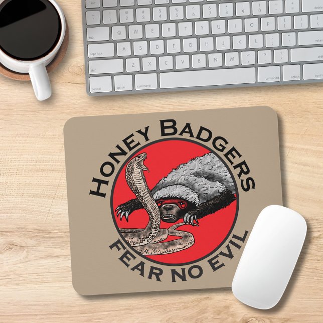 Honey Badgers Fee no Evil Funny Badass Slogan Red Mousepad (Funny honey badger quote mouse mat with honey badger and cobra snake illustration )