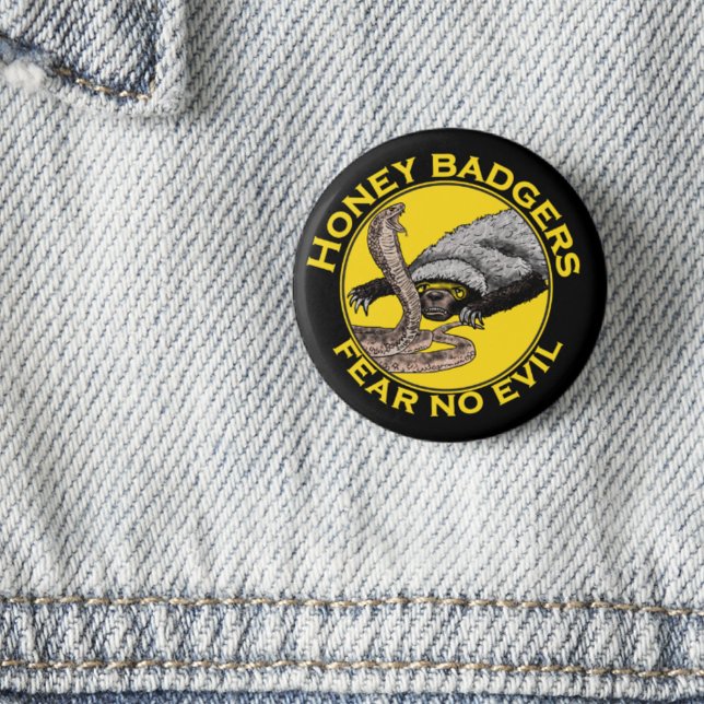 Honey Badgers Fee no Evil quote Button (Honey badger quote fear no evil black and yellow button cobra snake and honey badger illustration )