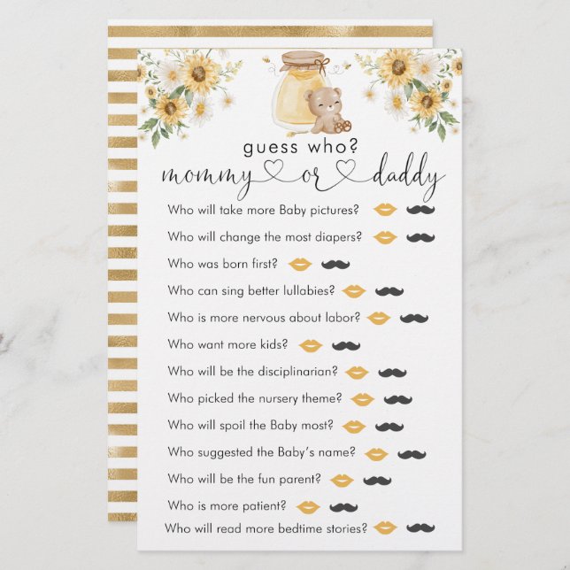 Honey Bear Baby Dusche "raten Sie, wer" Spiel (Vorne/Hinten)