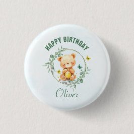Honey Bear Niedlich Greenery Boy Happy Birthday Button