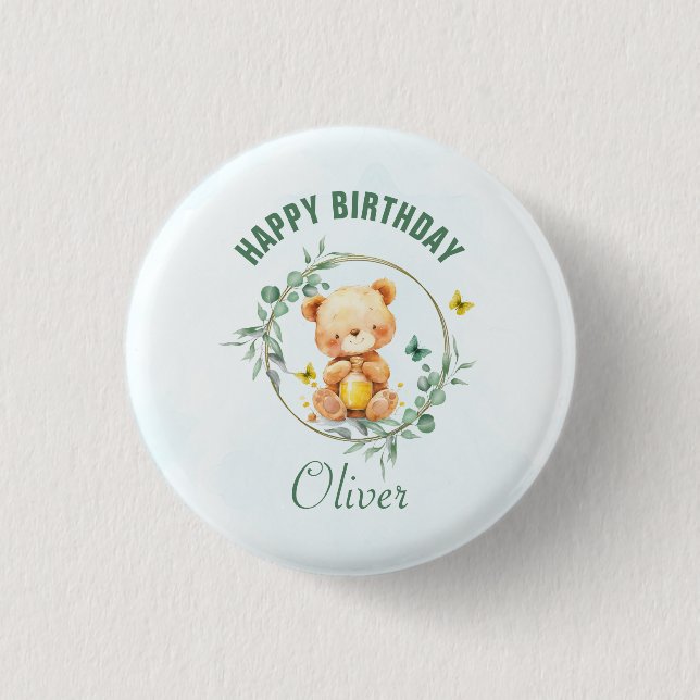 Honey Bear Niedlich Greenery Boy Happy Birthday Button (Vorderseite)