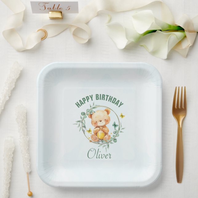 Honey Bear Niedlich Greenery Boy Happy Birthday Pappteller (Hochzeit)