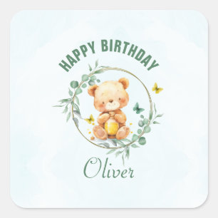 Honey Bear Niedlich Greenery Boy Happy Birthday Quadratischer Aufkleber