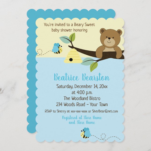Honey Bear und Boy Bumble Bee Baby Showeinladung Einladung (Vorne/Hinten)