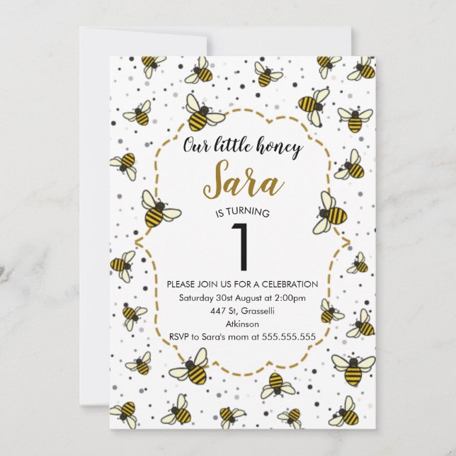 Honey Bee 1. Geburtstag Party Einladung (Vorderseite)