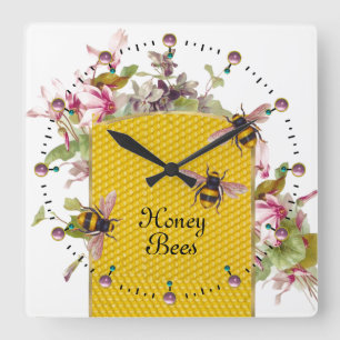 HONEY BEE AND PINK CYCLAMENS,BEEKEEPER QUADRATISCHE WANDUHR