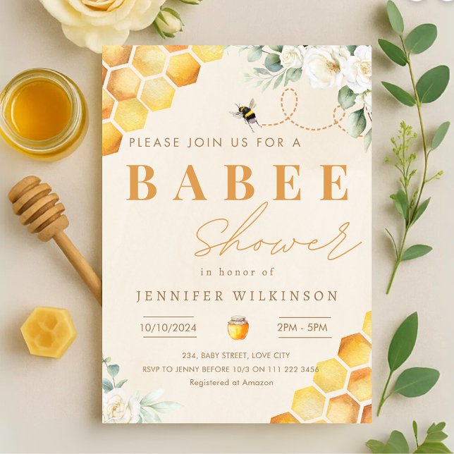 Honey Bee Baby Shower Floral Babee Einladung (Honey Bee Baby Shower Floral Babee Invitation)
