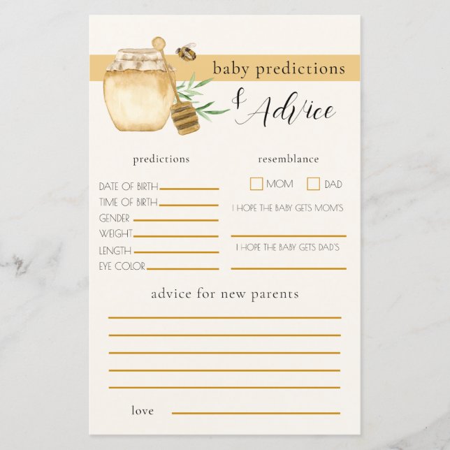 Honey Bee Baby Shower Prediction Game (Vorderseite)