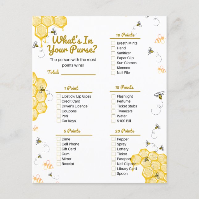 Honey Bee Baby Shower Was ist in eurem Purse Game? (Vorderseite)