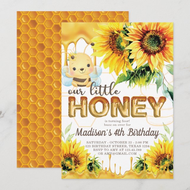 Honey Bee Birthday Sunflower Niedlich Einladung (Vorne/Hinten)