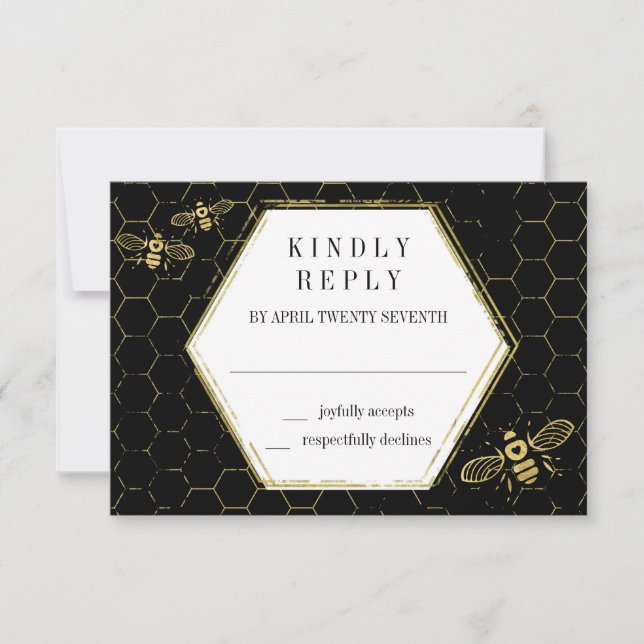 Honey Bee Black Gold Muster RSVP Card (Vorderseite)