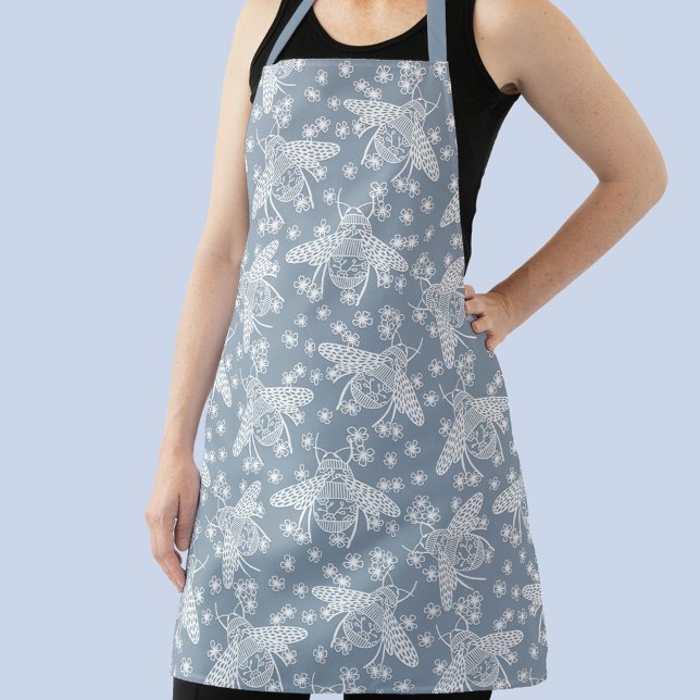 Honey Bee Blue und White Schürze (Blue and white honey bee pattern art apron)