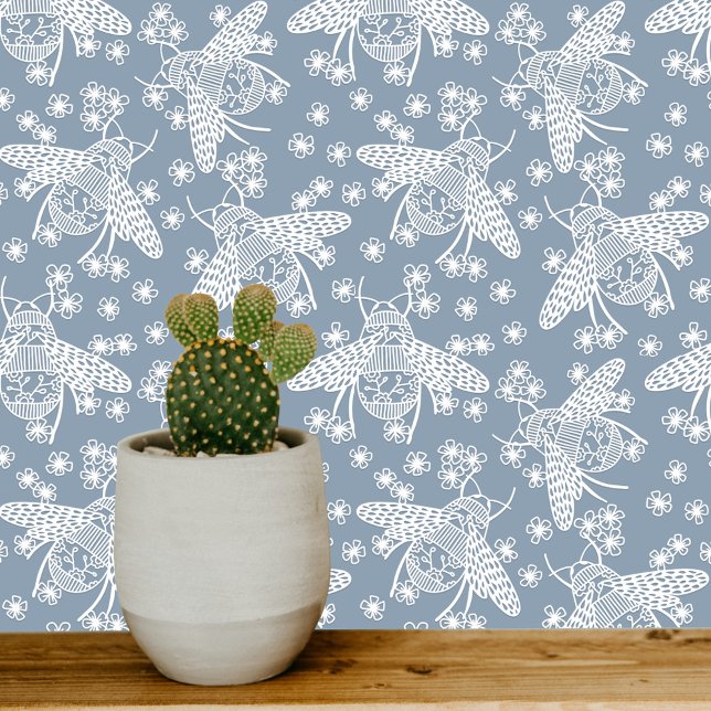 Honey Bee Blue und White Tapete (Blue and white honey bee pattern art wallpaper)