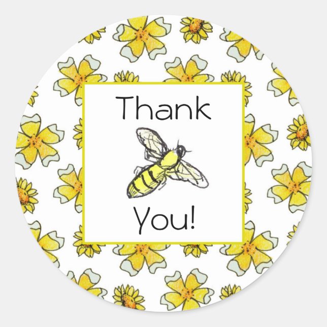 Honey Bee Buttercups Aquarell Blume Danke Runder Aufkleber (Vorderseite)