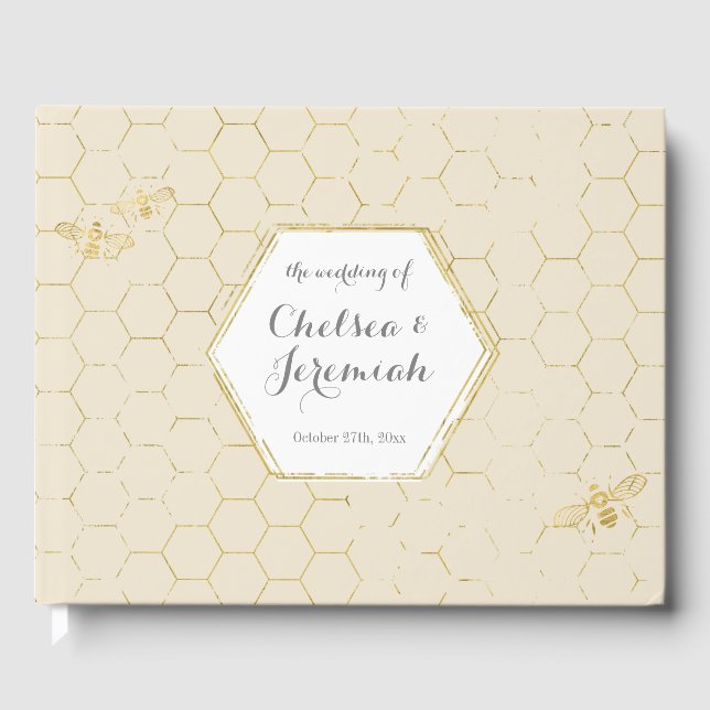 Honey Bee Cream Gold Muster Custom Wedding Gästebuch (Vorderseite)