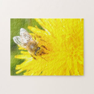 Honey Bee Dandelion Beautiful Sunny Yellow Macro Puzzle