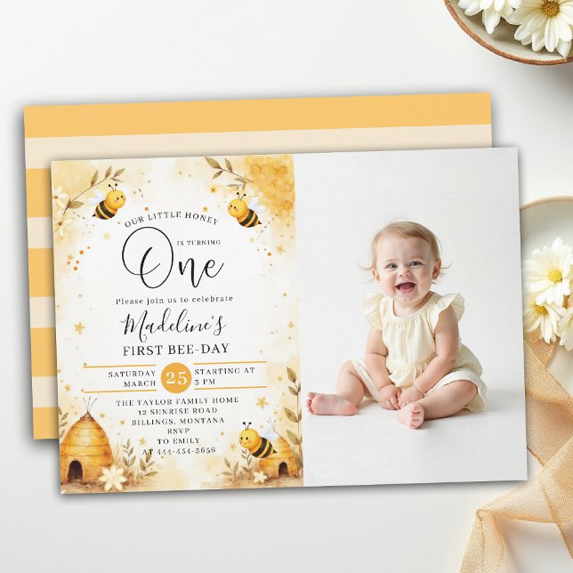 Honey Bee-Day Watercolor Cute Photo 1st Birthday Einladung (little honey bee one first birthday party photo invitation floral watercolor summer modern)