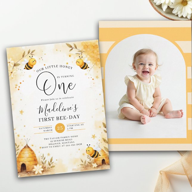 Honey Bee-Day Watercolor Photo Arch 1st Birthday Einladung (little honey bee one first birthday party photo arch invitation floral watercolor summer modern)